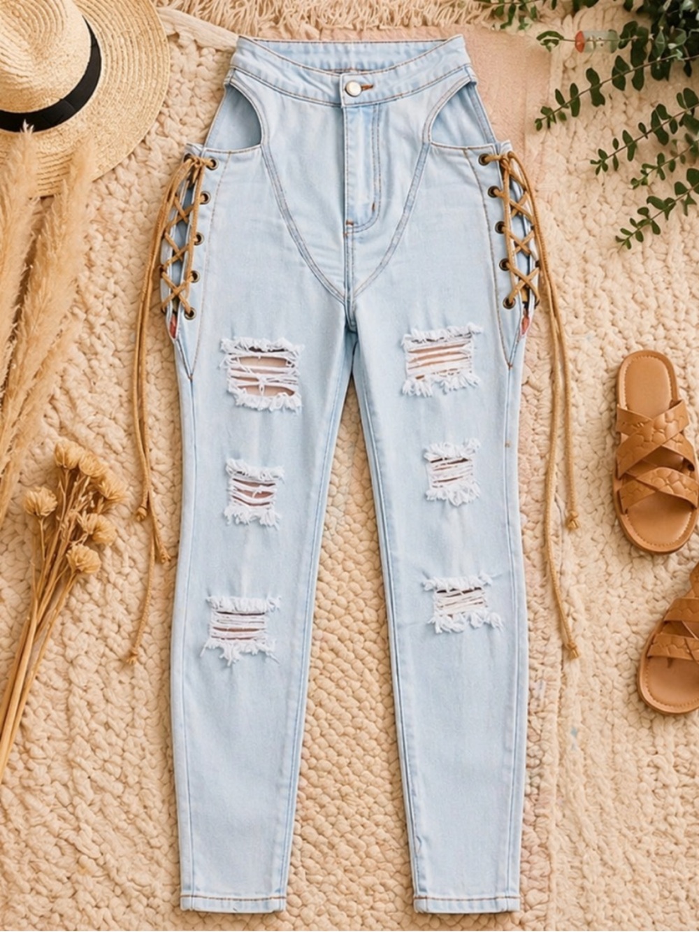 Fashion Nova Light Blue High Rise Distressed Lace-Up Jeans